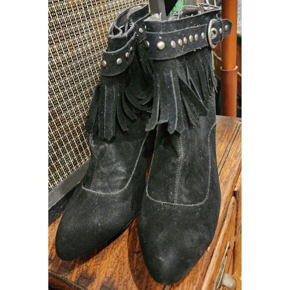 Madeline Women's Black Suede Fringe Ankle Boots With Studded Buckle & 3" Heels - Picture 13 of 16